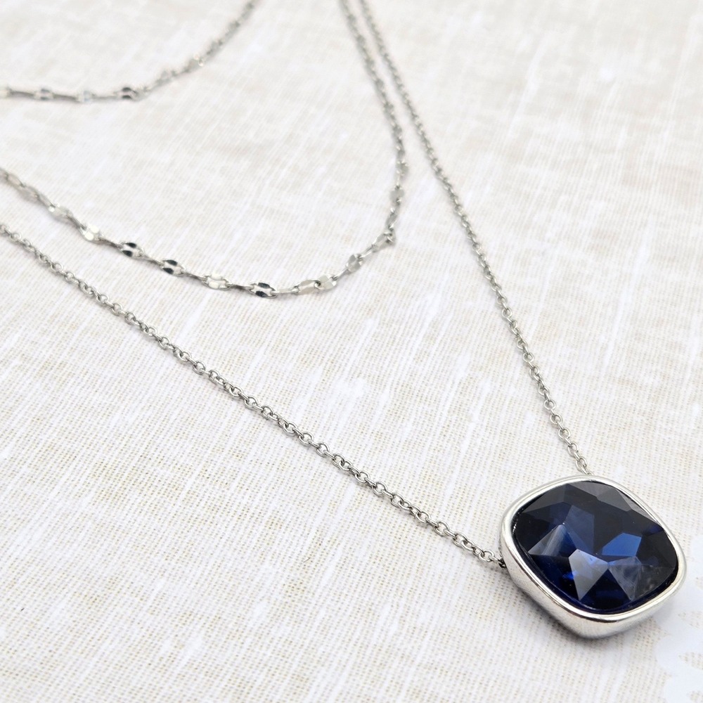 Silver Tone Triple Strand Layered Necklace‎ Blue Faceted Crystal Cushion Pendant